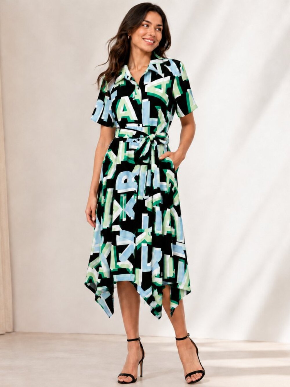 Karl Lagerfeld Paris Letter Print Belted Midi Dress Black Green Blue NWT